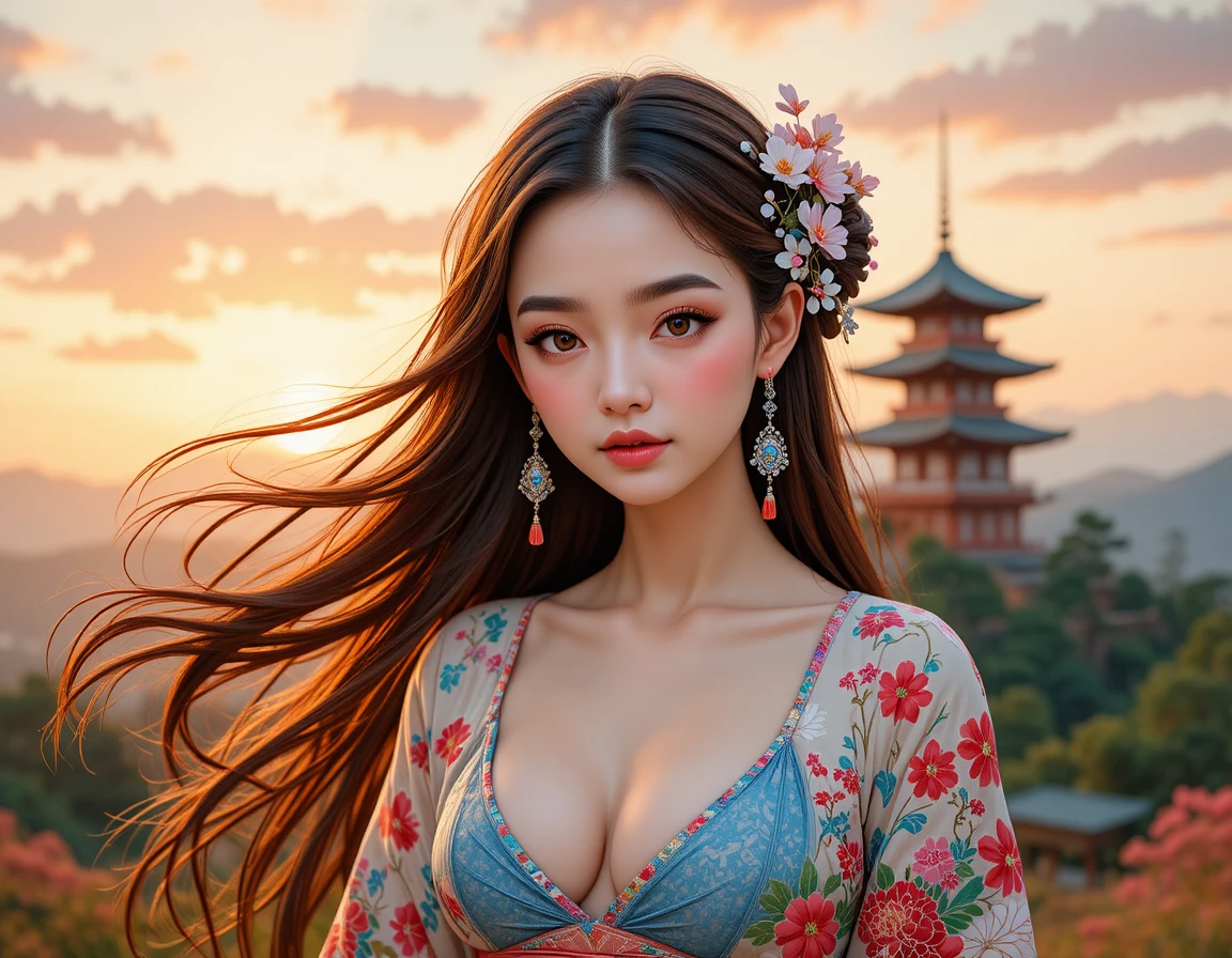 Joven con kimono floral frente a una pagoda al atardecer