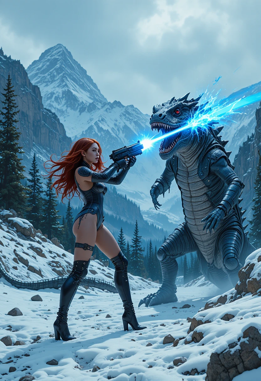 Guerrera disparando un arma de energía en montañas nevadas