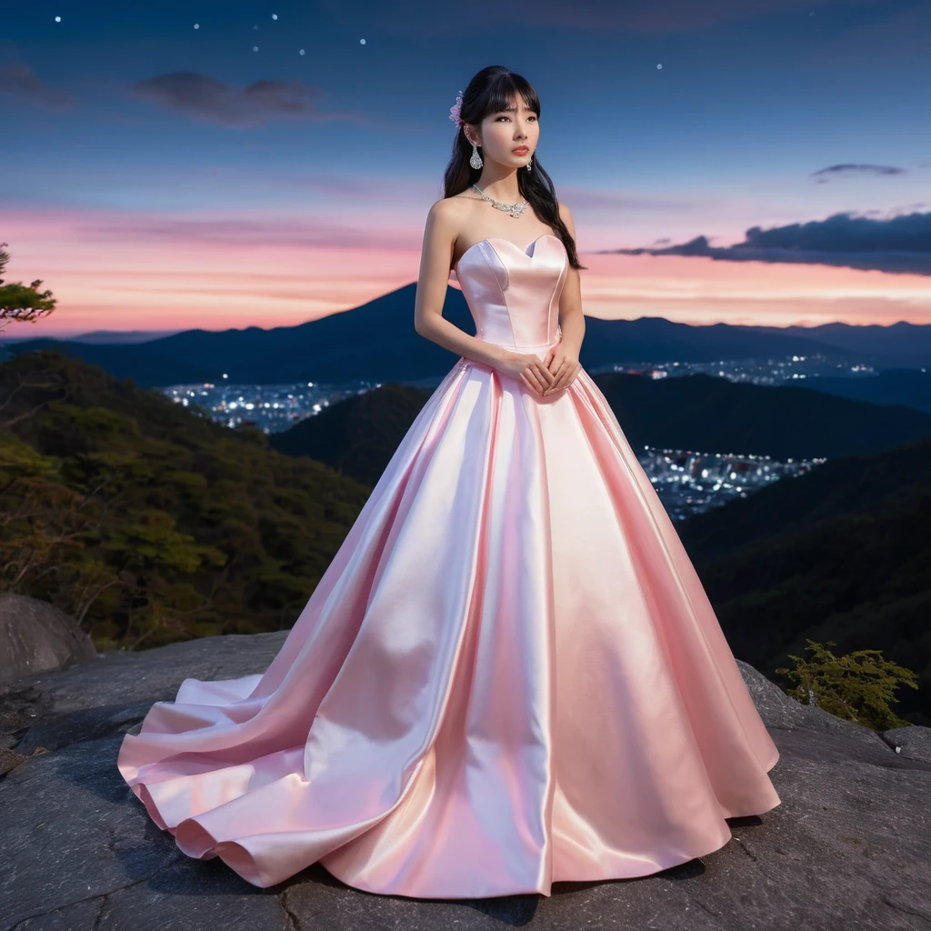 Mujer elegante con vestido de satén rosa en una montaña nocturna