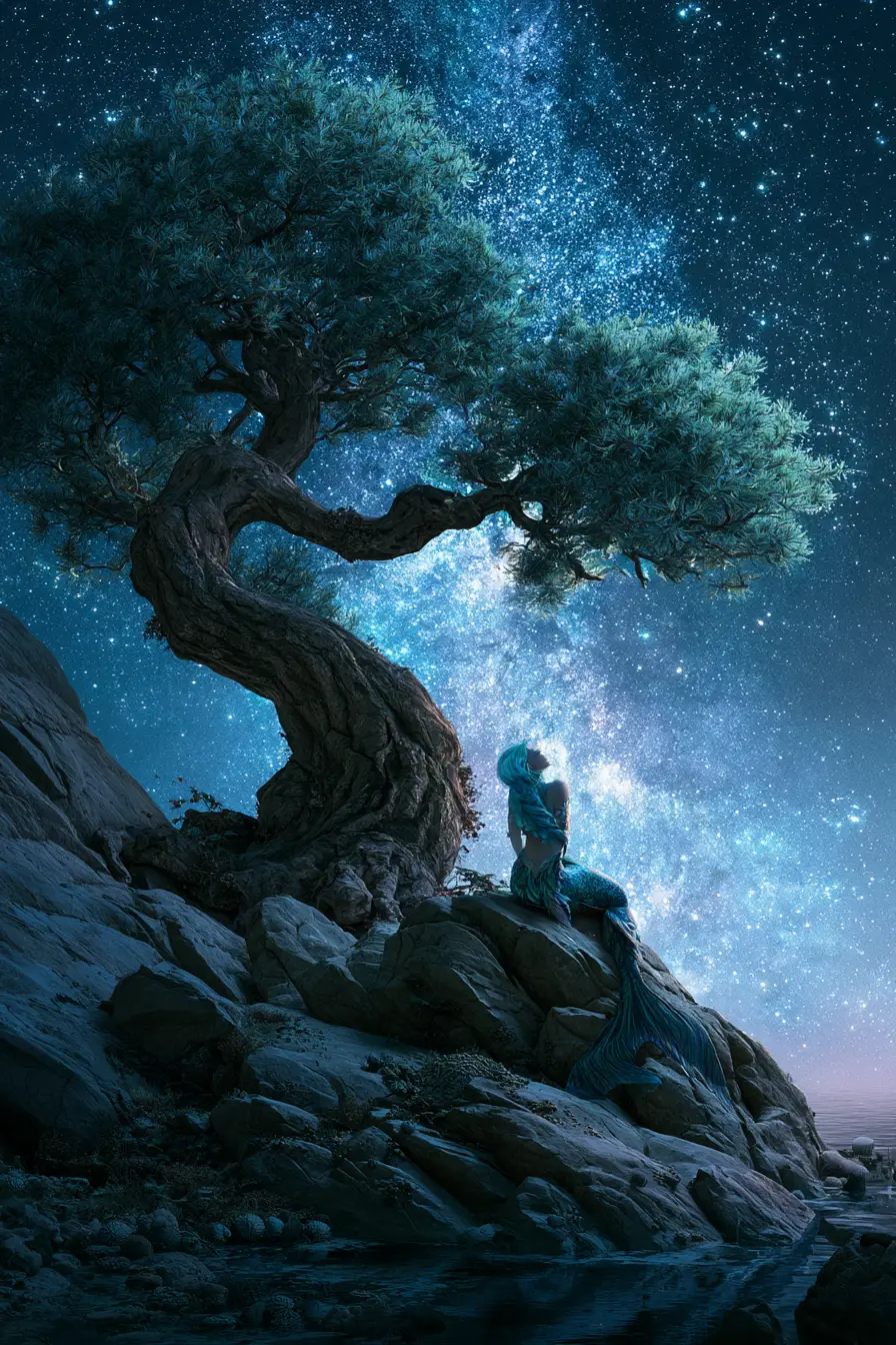 Confident mermaid posing on a rocky shore under stars