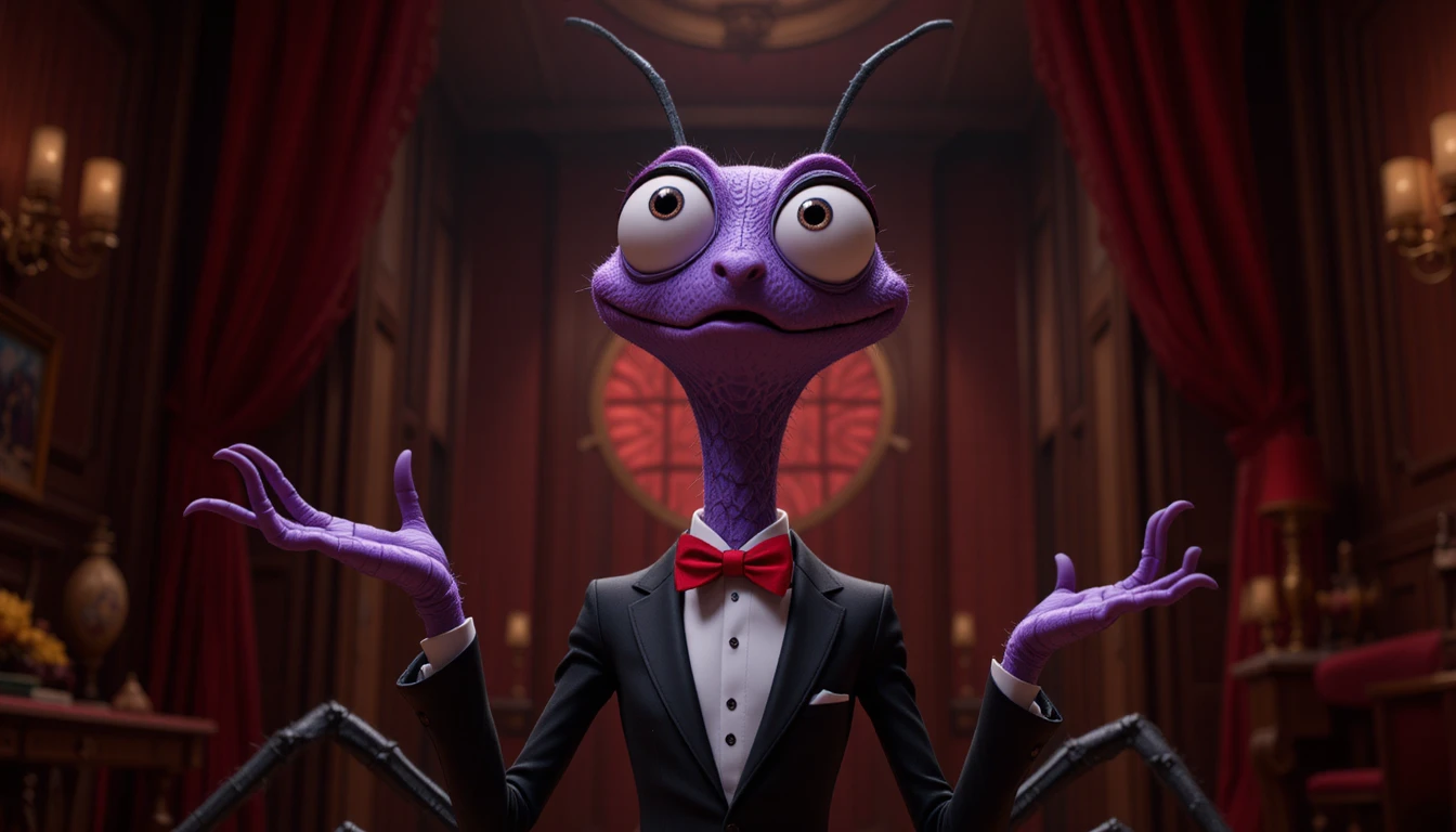 Anthropomorphic Purple Spider In Tuxedo In Cozy Red Room