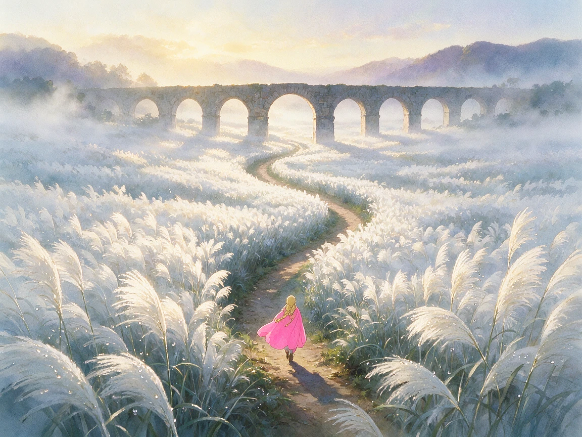 Viajero de anime caminando por un valle de hierba alta al amanecer