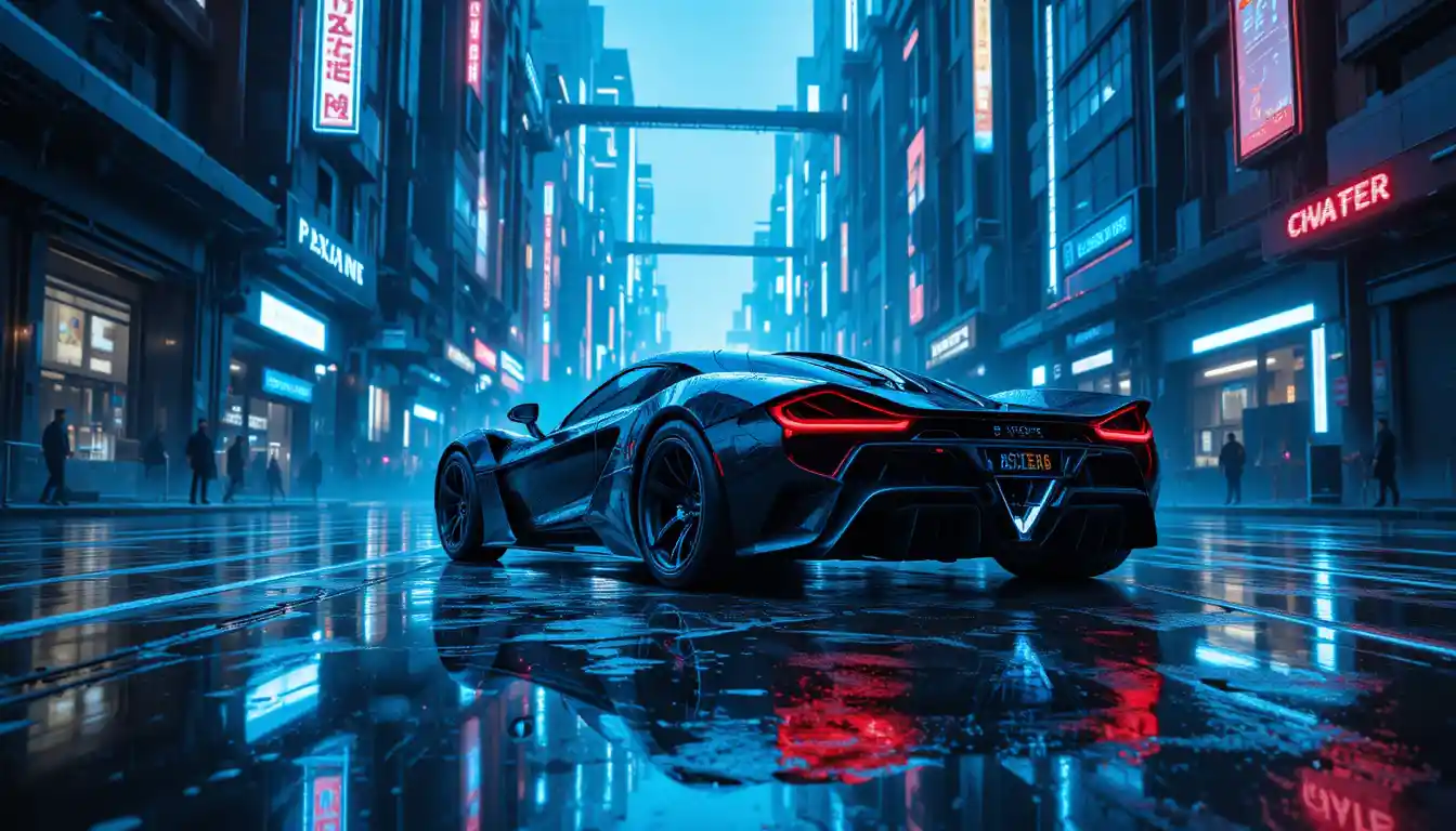 Futuristischer Hypercar in neonbeleuchteter Sci‑Fi‑Stadtstraße
