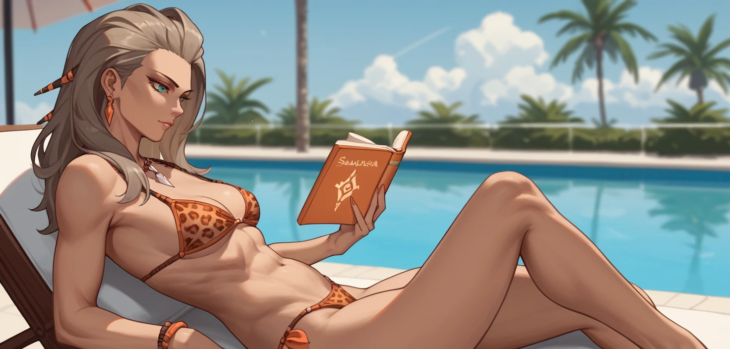 Mujer en bikini de leopardo leyendo junto a la piscina