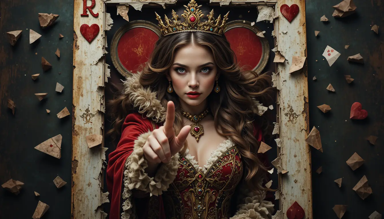 Rainha de copas régia alcançando através de carta de baralho quebrada