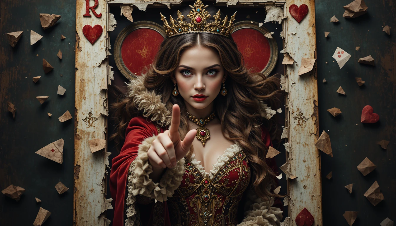 Regale regina di cuori che emerge da una carta da gioco spezzata