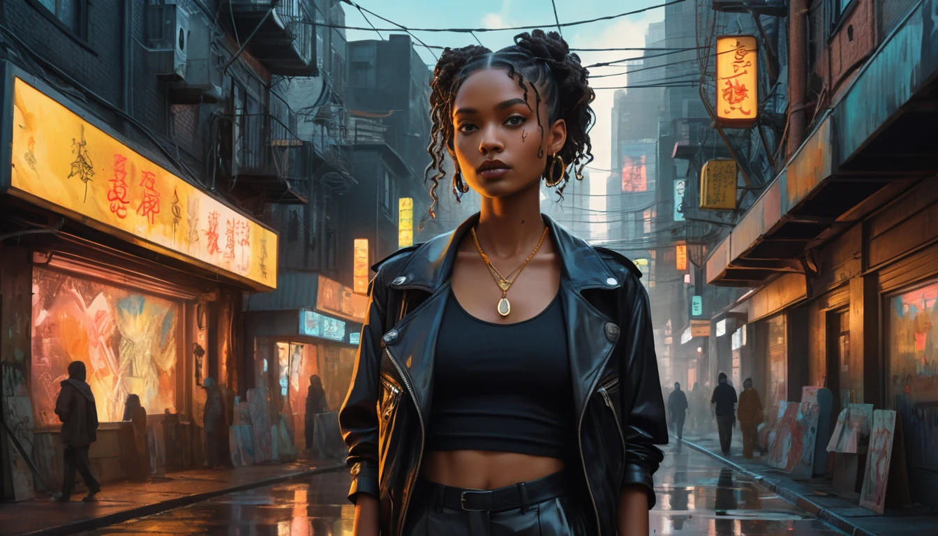 Mujer summerpunk segura de sí misma en una ciudad futurista luminosa