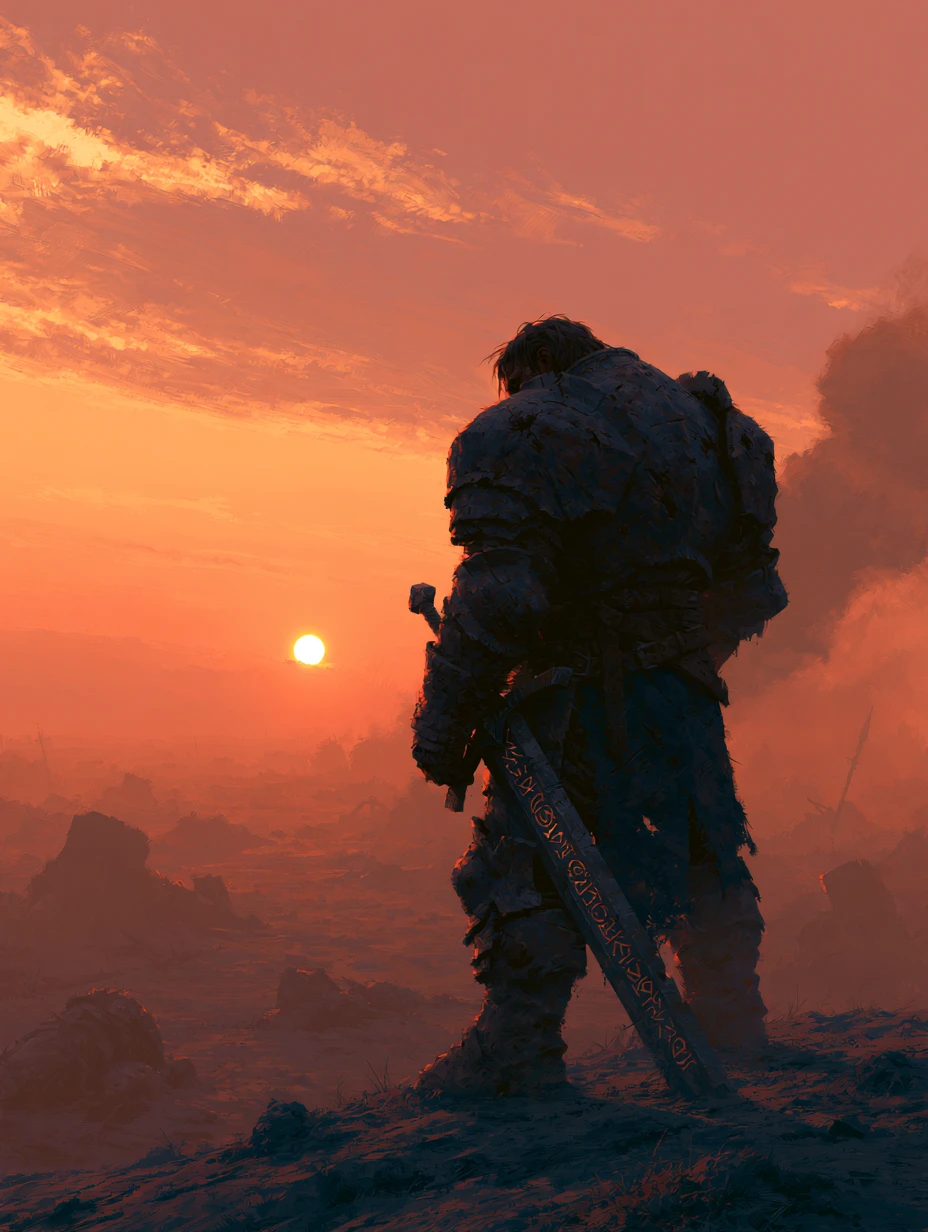 Paladino provato dalla battaglia in piedi vittorioso al tramonto infuocato