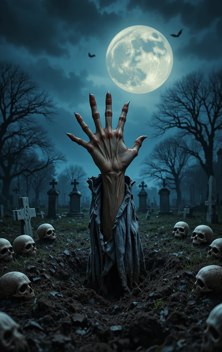 Mano de zombi saliendo de la tumba bajo una luna llena inquietante