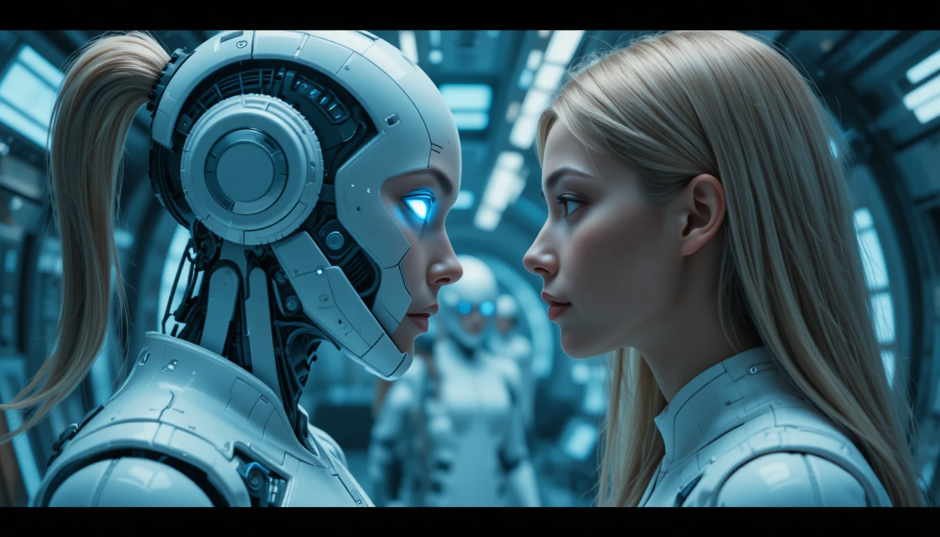 Mujer humana se enfrenta a robot humanoide en un pasillo de ciencia ficción