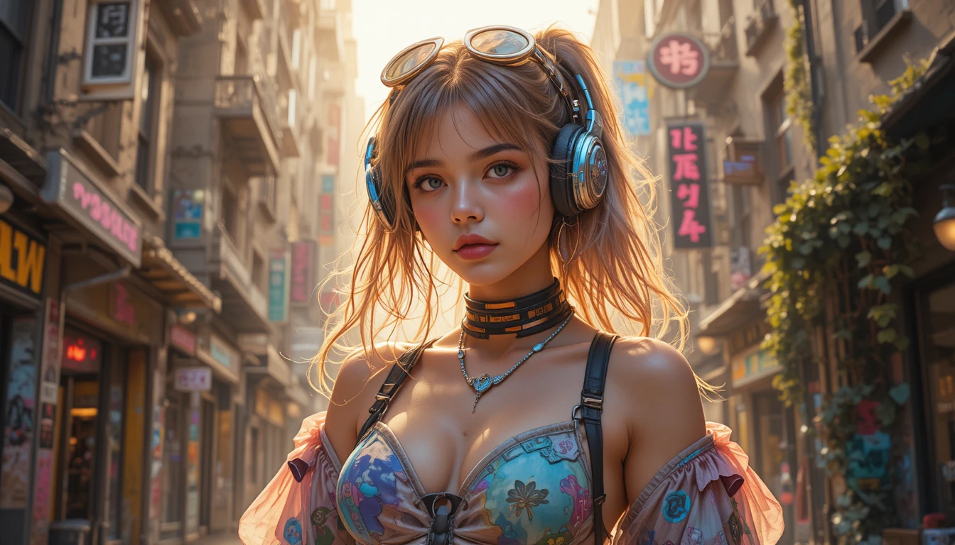Mujer summerpunk en una ciudad urbana futurista y luminosa