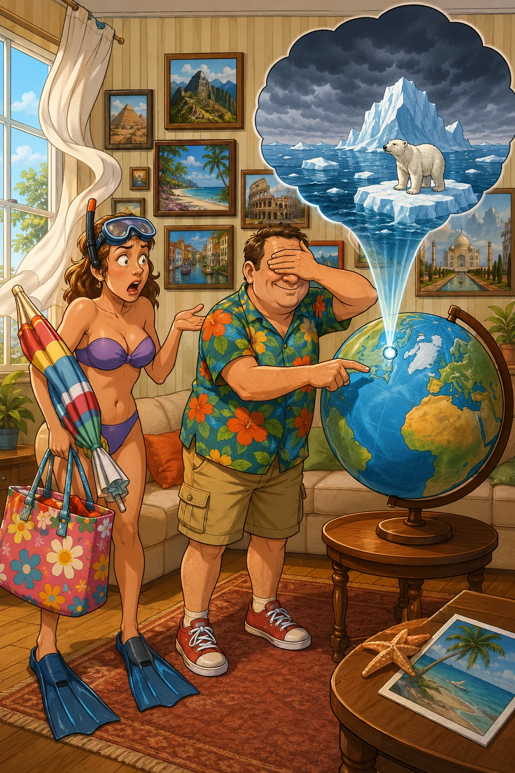 Pareja de dibujos animados eligiendo un destino de vacaciones frío en casa