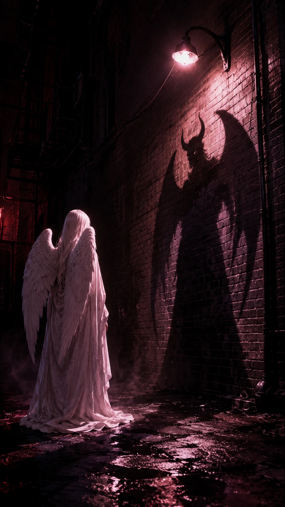 Ángel de blanco proyectando una sombra demoníaca sobre un muro de ladrillo