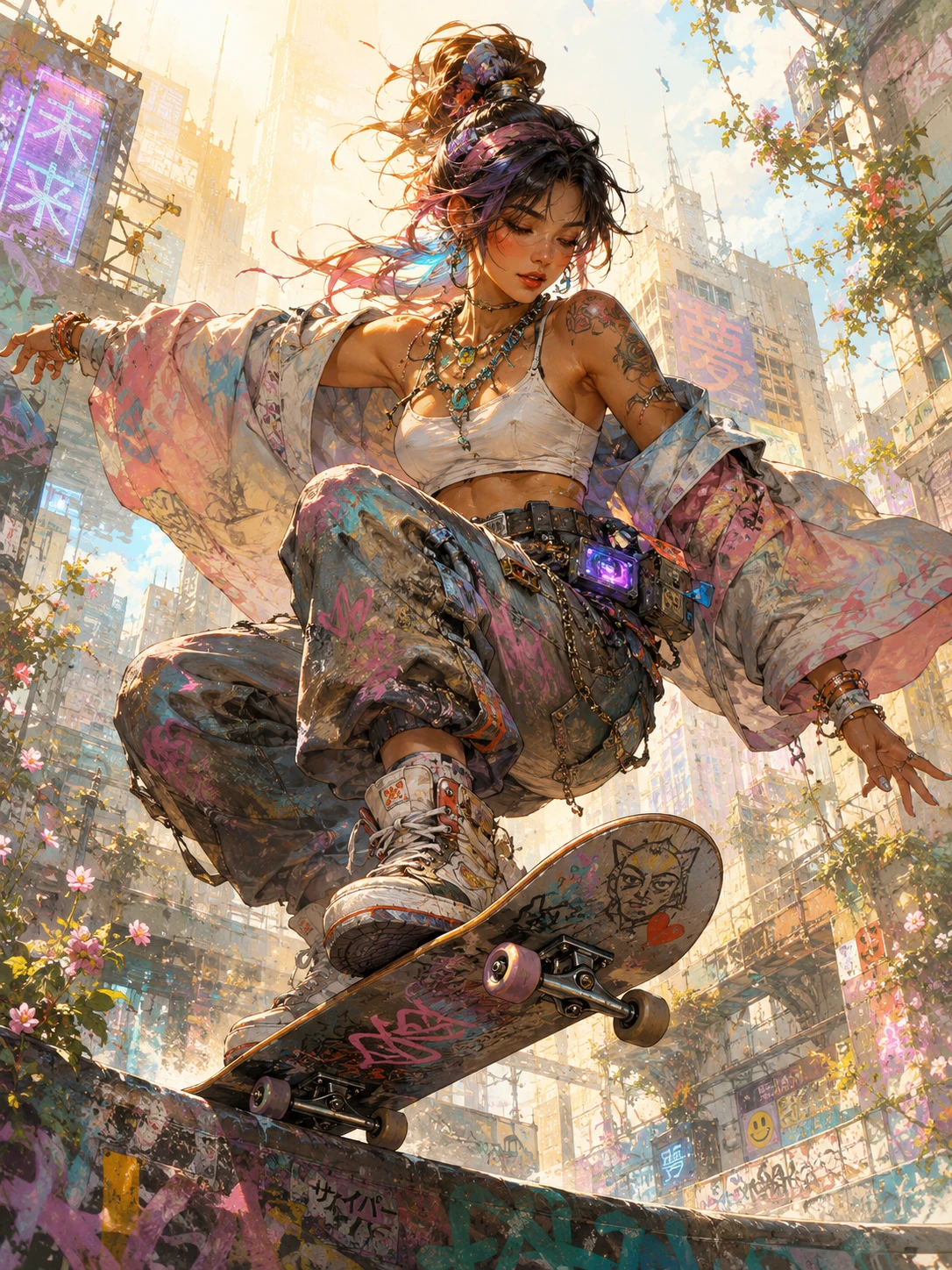 Mujer cyberpunk saltando en patineta a la luz del sol
