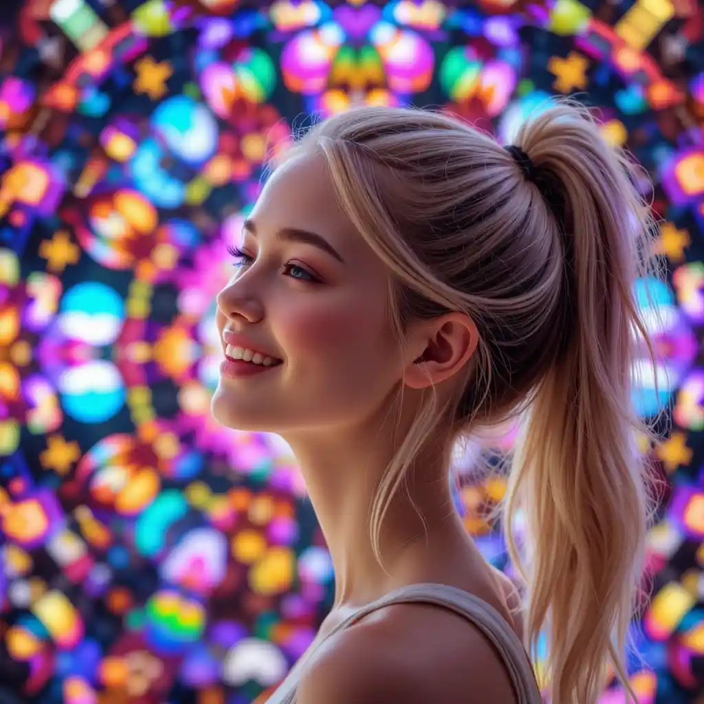 Ragazza bionda gioiosa che guarda attraverso un caleidoscopio colorato