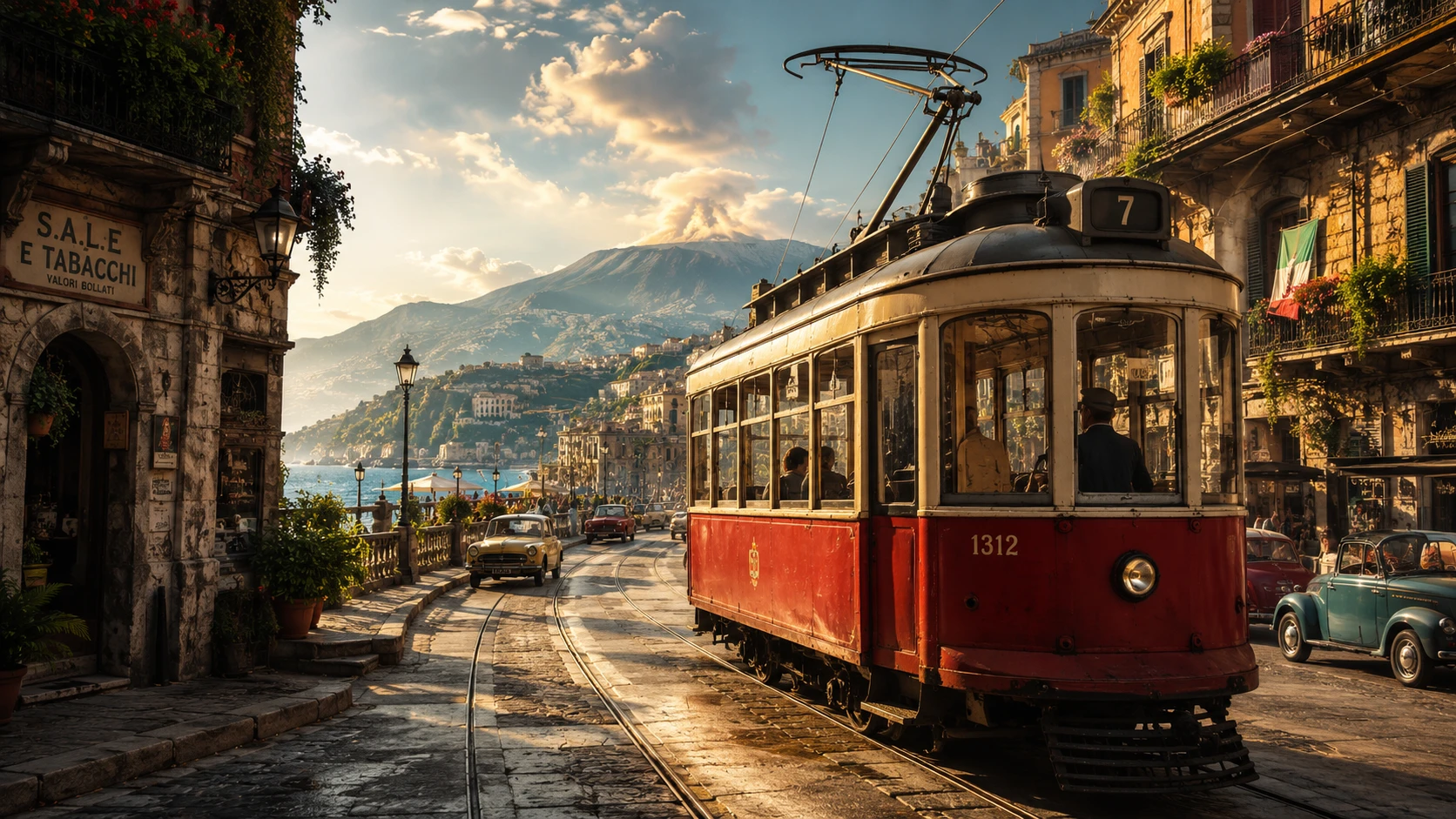 Antiguo tranvía rojo en un tranquilo bulevar de una ciudad italiana
