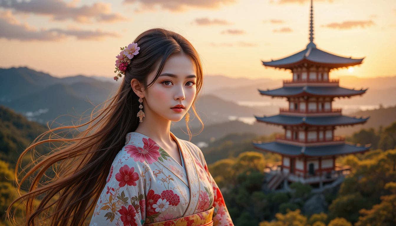 夕暮れのパゴダを望む花柄着物の若い女性