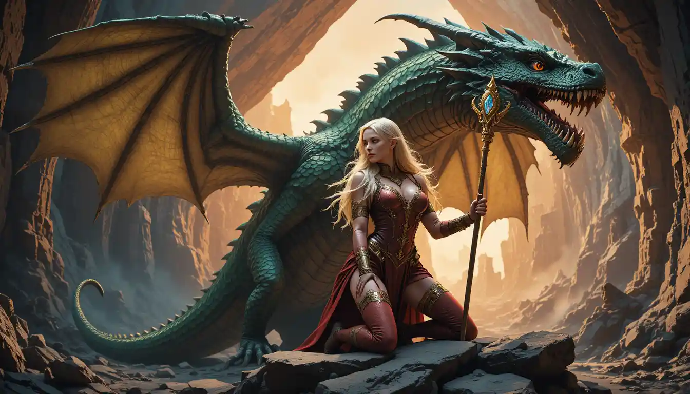 Elven sorceress kneeling before an ancient green dragon
