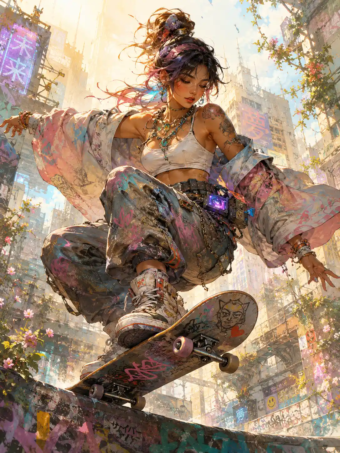 太陽光の中でスケートボードでジャンプするサイバーパンク女性