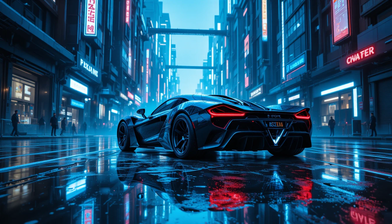 Hipercoche futurista en una calle de ciudad sci‑fi iluminada por neón