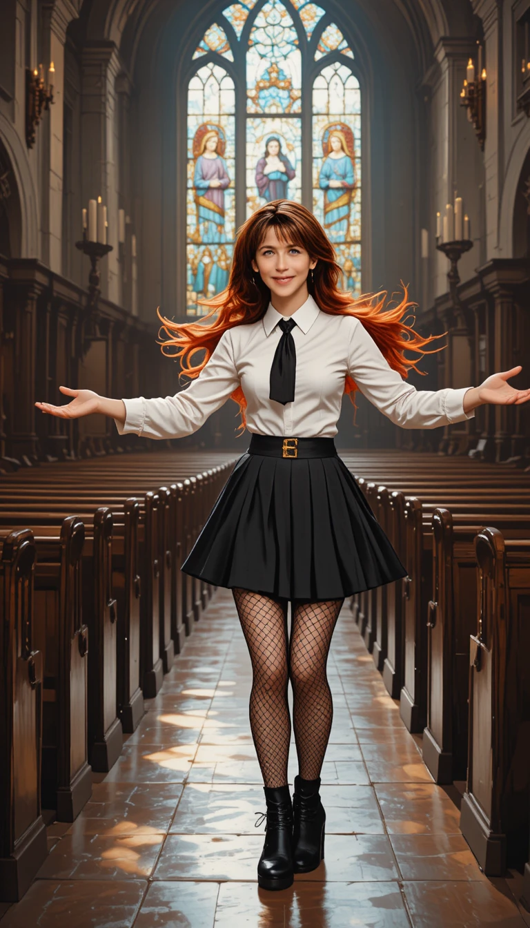 Mujer pelirroja bailando en un dramático pasillo de iglesia
