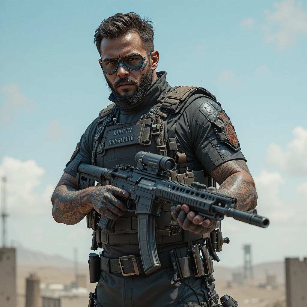 Sicario de cartel con chaleco antibalas y una subametralladora compacta