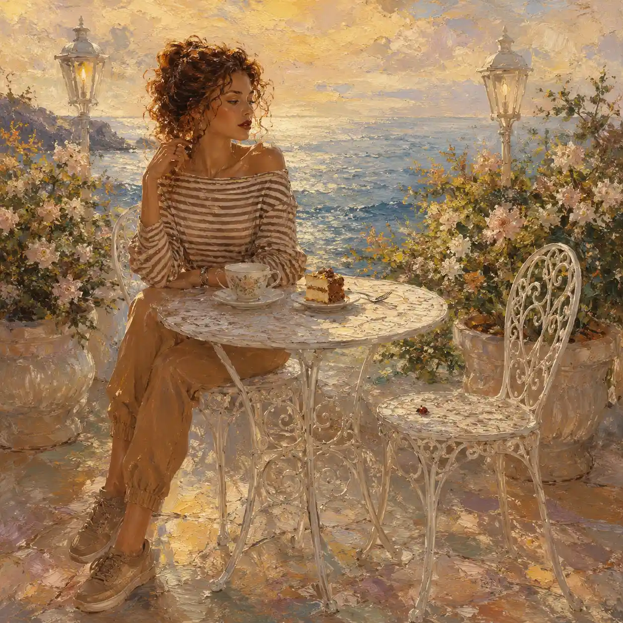 Joven en terraza junto al mar con café y pastel