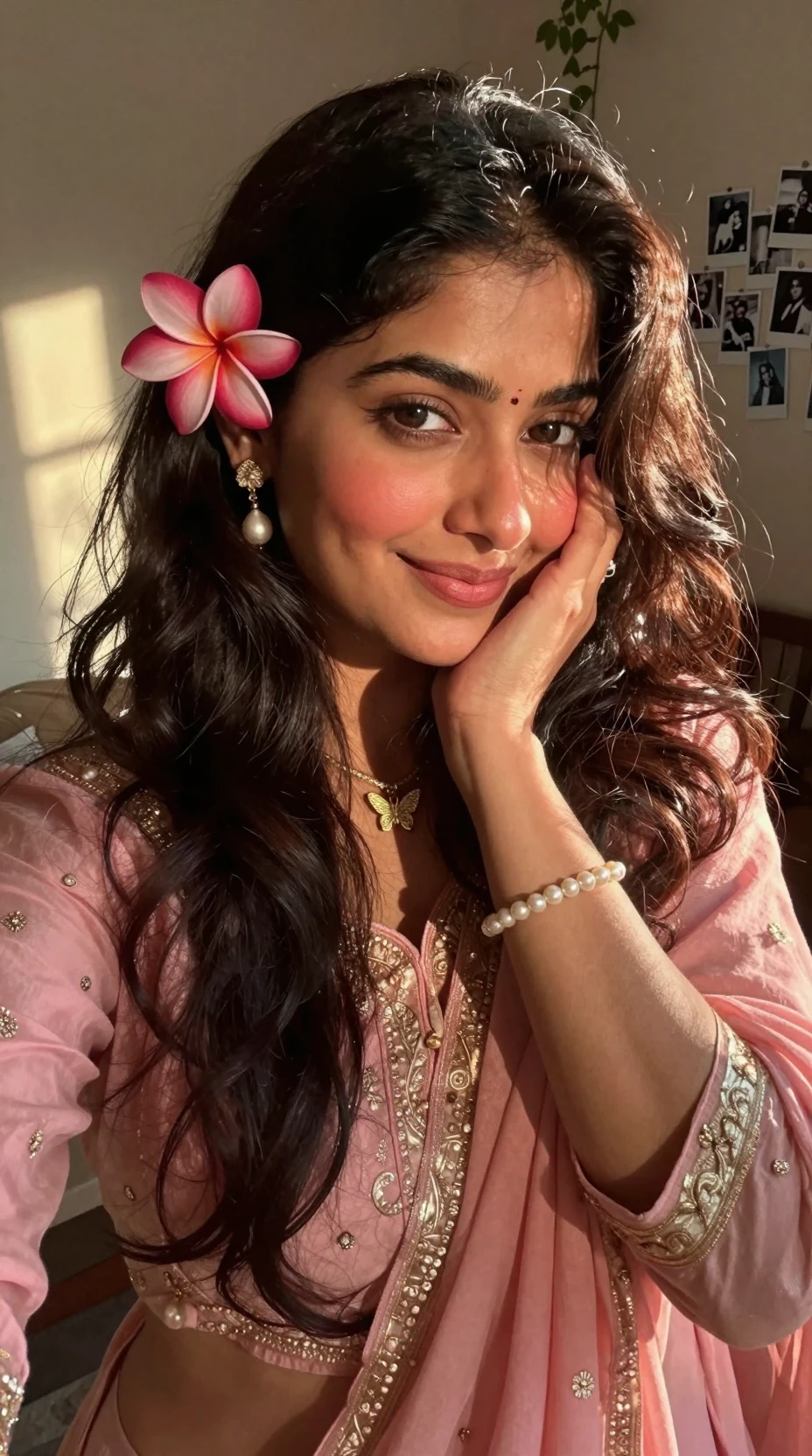 Selfi de chica india con suave luz interior de golden hour