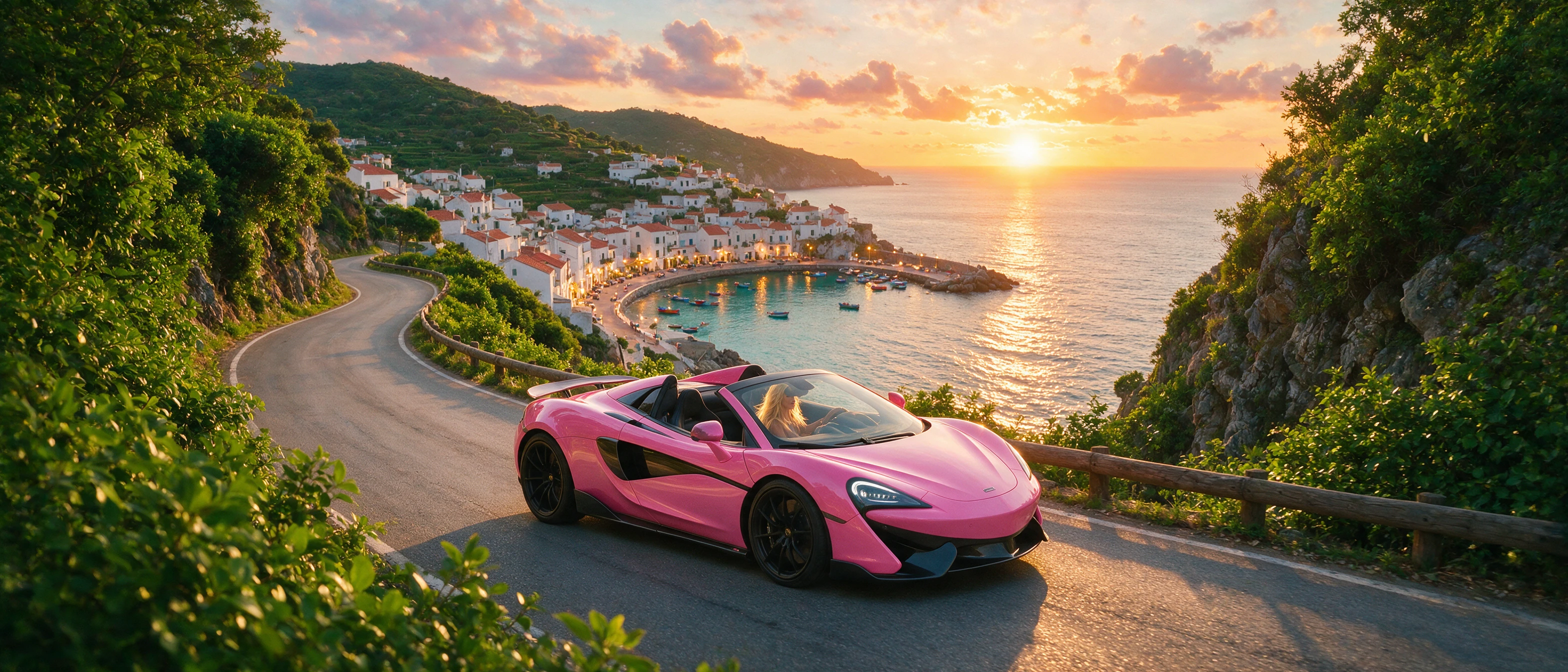 Supercoche rosa recorriendo una sinuosa carretera costera al atardecer