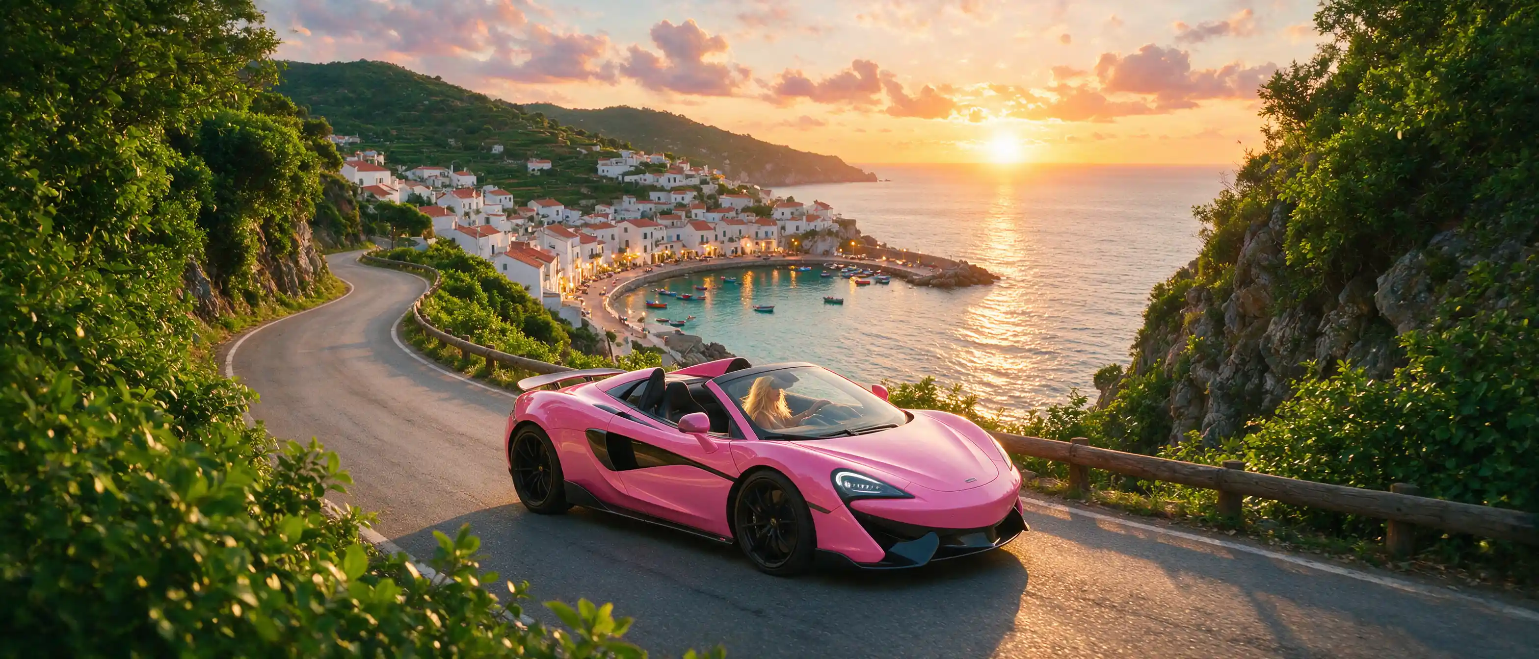 Supercarro rosa cruzando estrada litorânea sinuosa ao pôr do sol