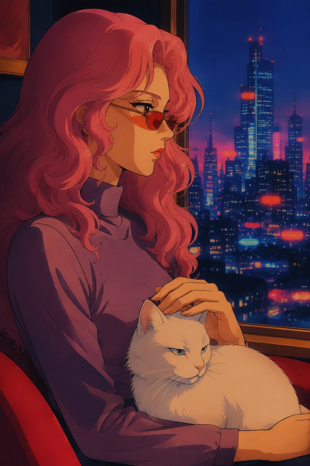 Mujer de anime con gato blanco frente a una ventana de ciudad luminosa