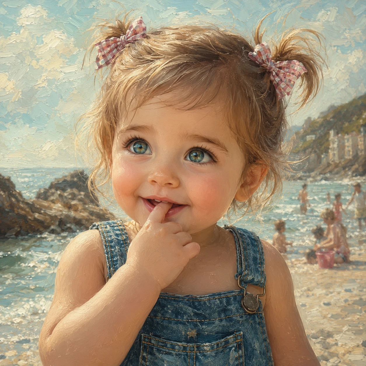 Niña pequeña con ropa vaquera en la playa y mirada pensativa