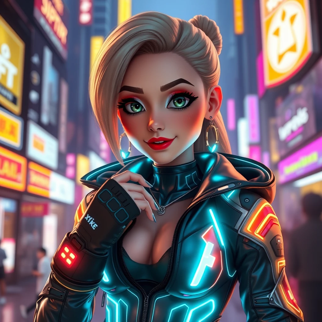 Cyberpunk-Hackerin in neonbeleuchteter futuristischer Großstadtstraße
