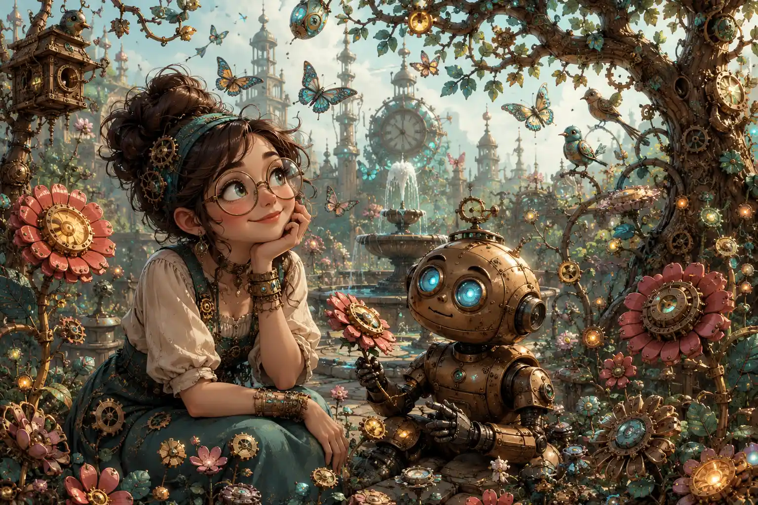 Mujer extravagante y robot en un jardín mecánico fantástico