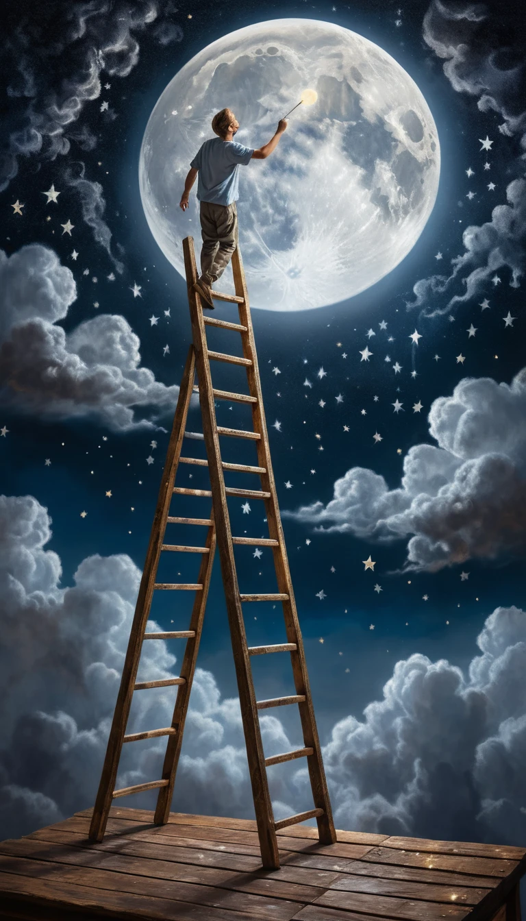 Artista en una escalera repintando la luna en un cielo estrellado