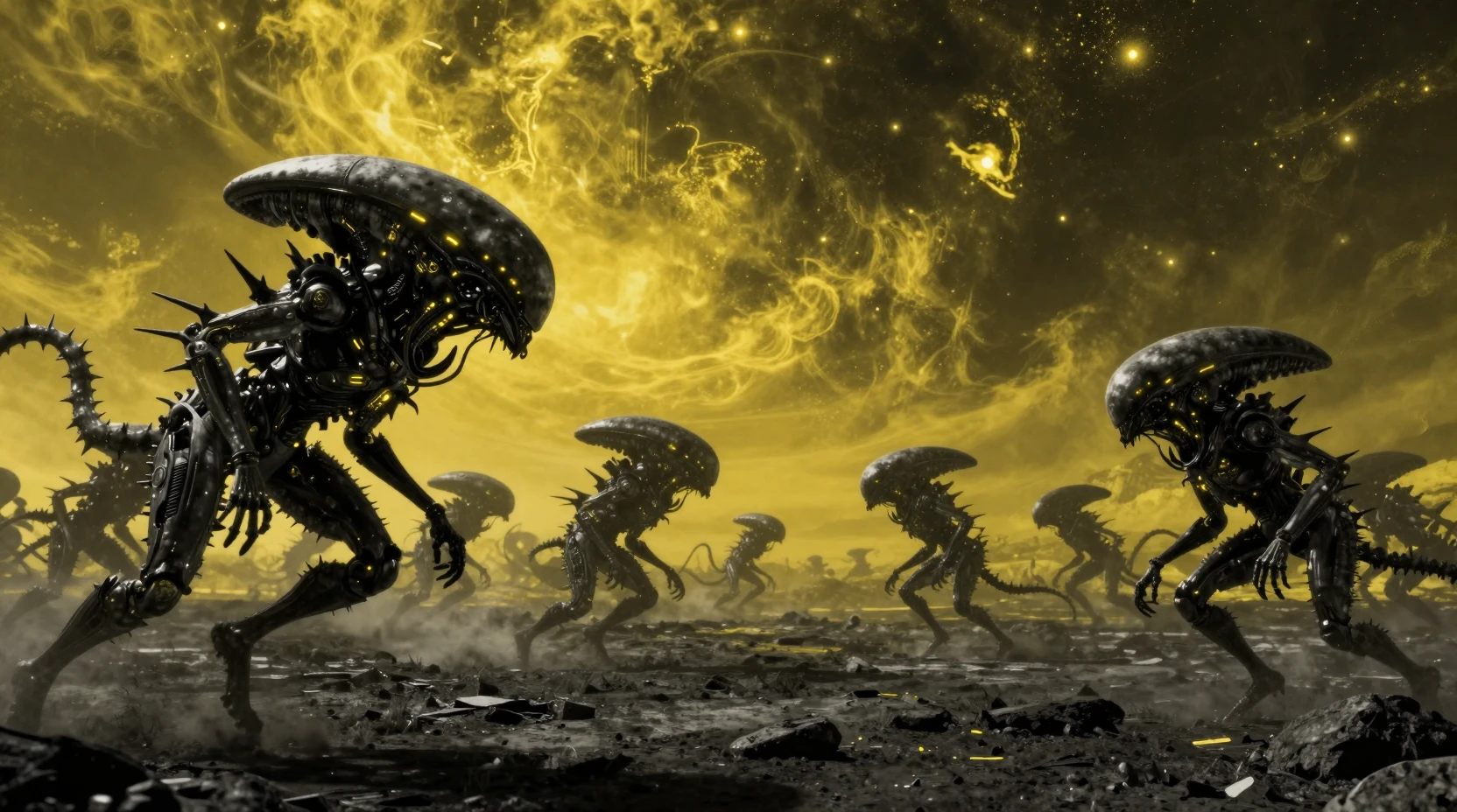 Enjambre de langostas alienígenas recorriendo un páramo sci‑fi oscuro