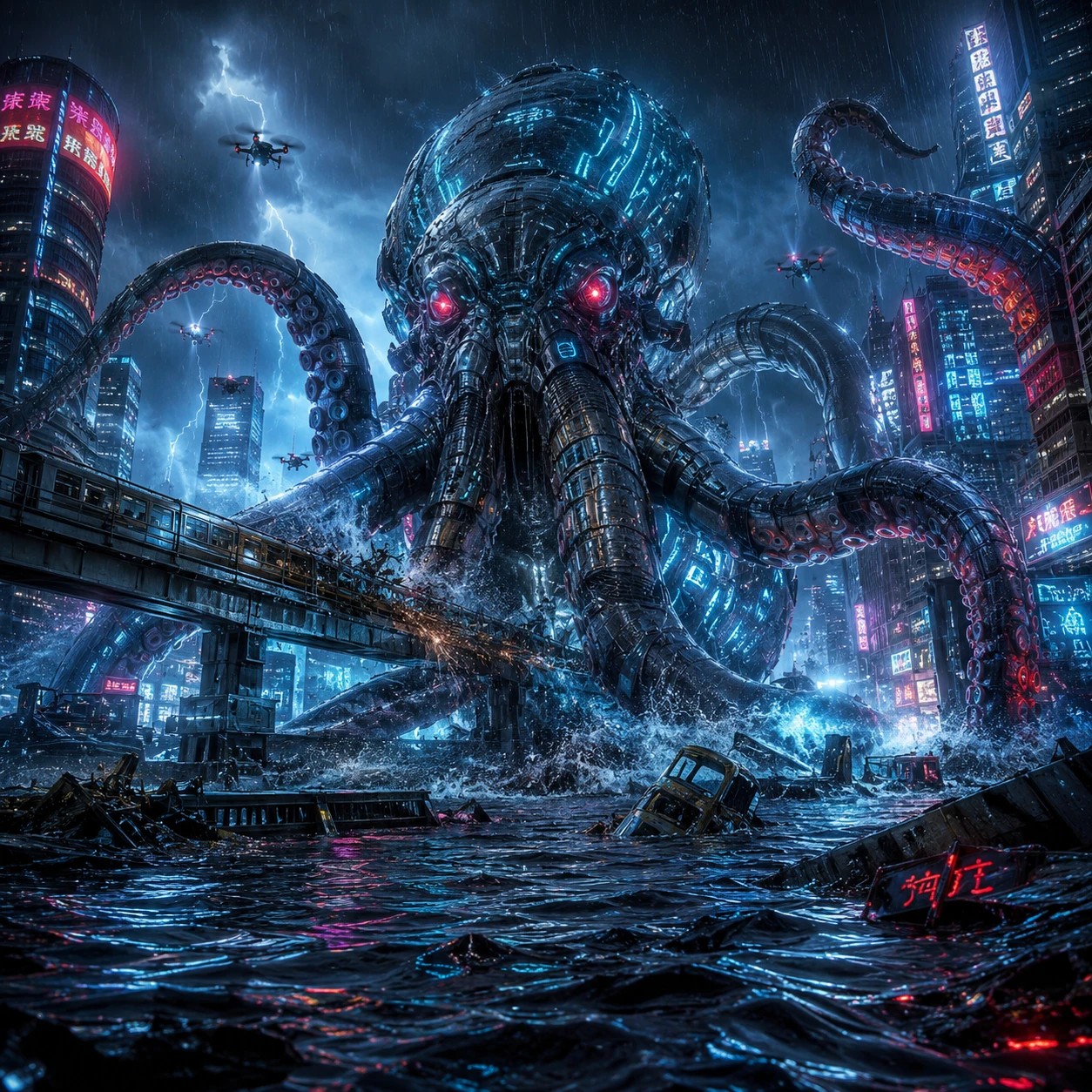 Colosal kraken biomecánico sobre una ciudad neón inundada