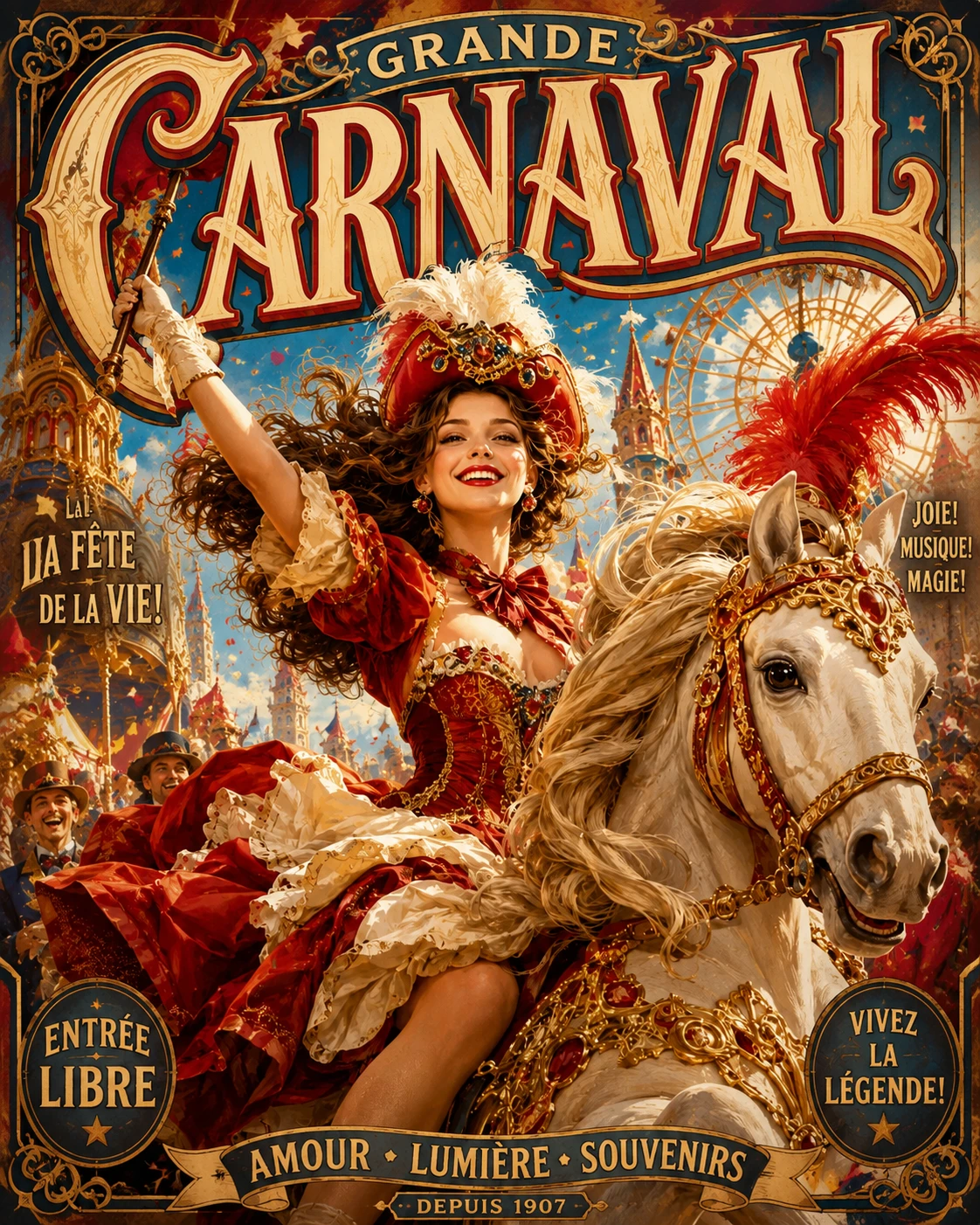 Colorful fantasy carnival poster with dynamic joyful energy