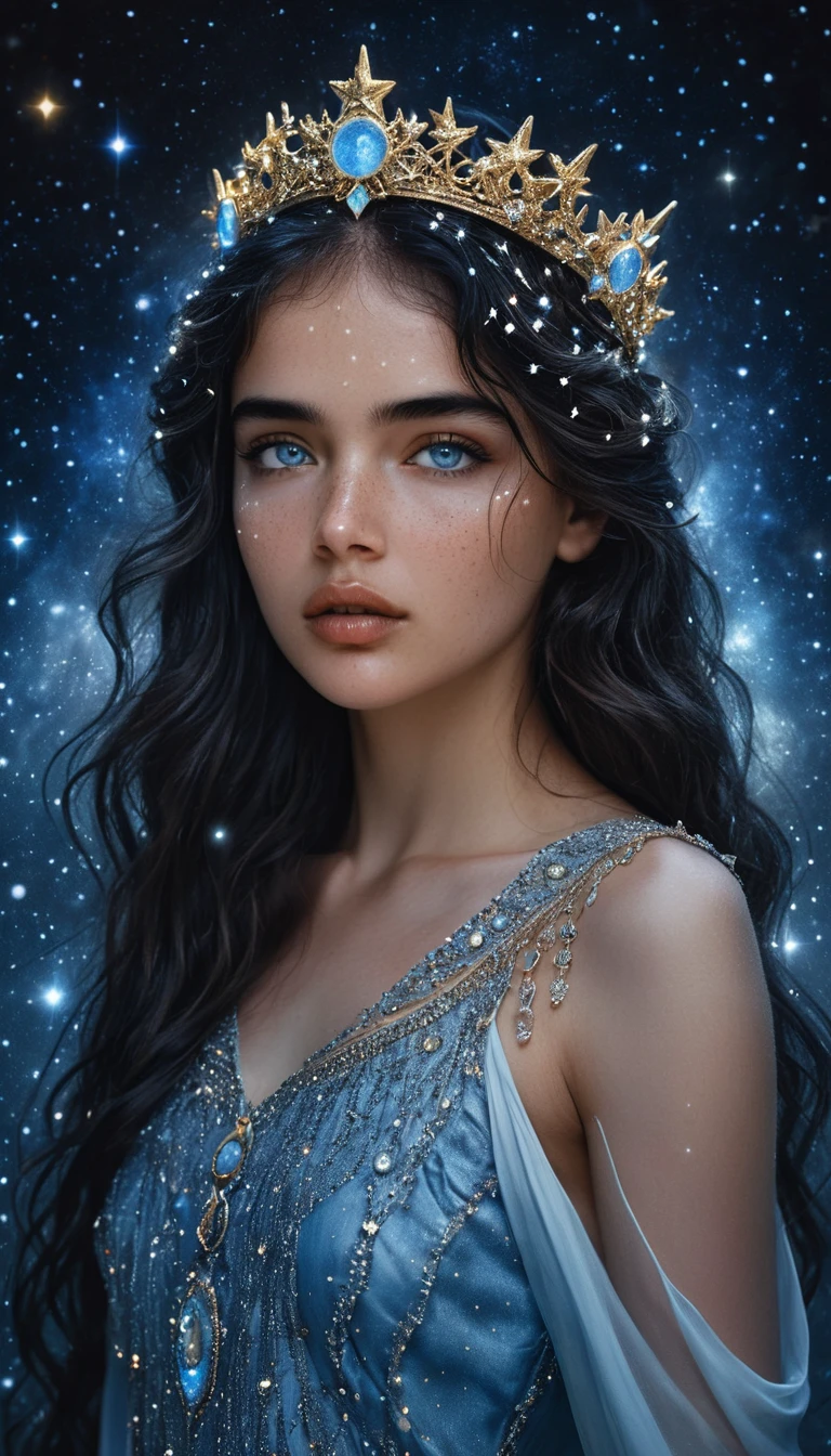 Young woman dissolving into a star filled cosmic sky
