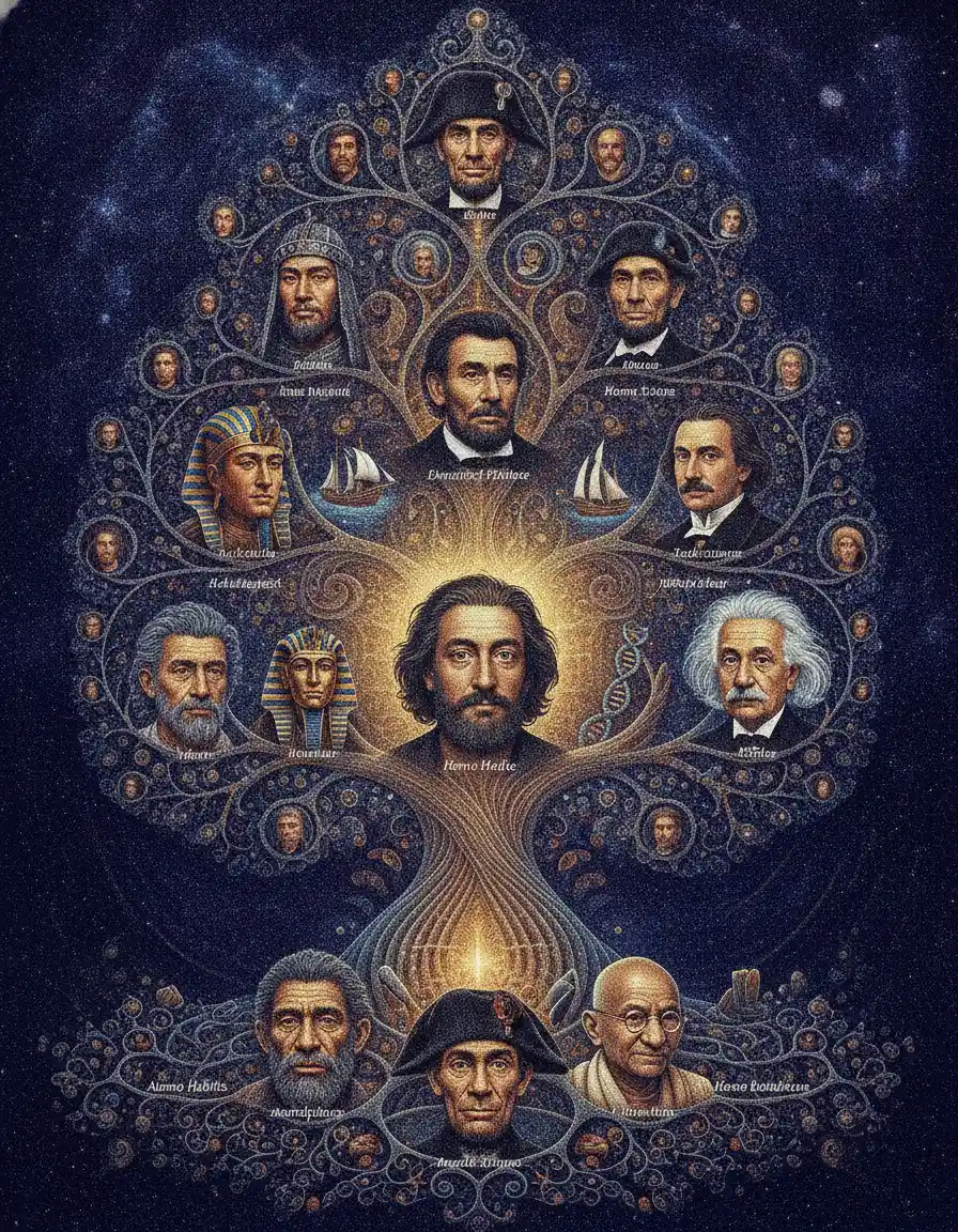 Surreal fractal tree of human lineage in cosmic space