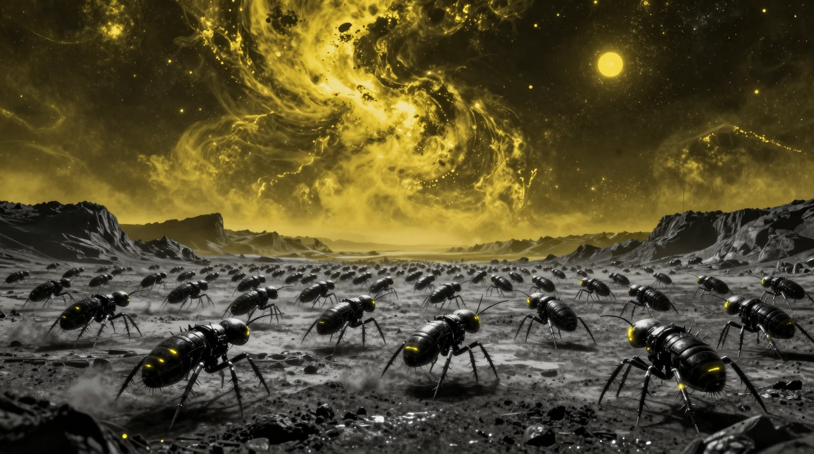 Enjambre de termitas alienígenas corriendo por un páramo futurista
