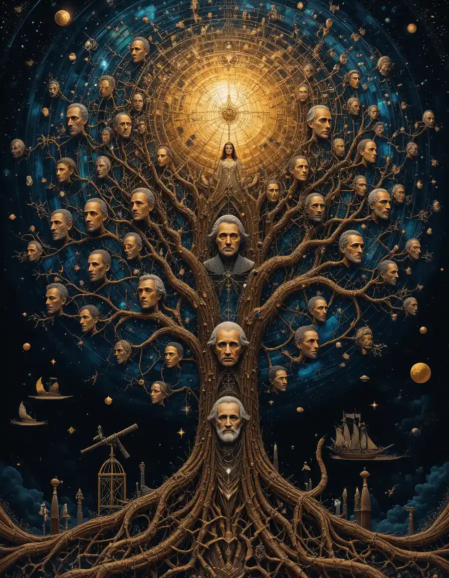 Surreal fractal tree of human evolution in cosmic space