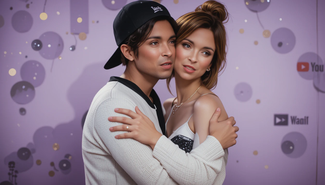 Abrazo romántico de una pareja con fondo de evento en tonos pastel