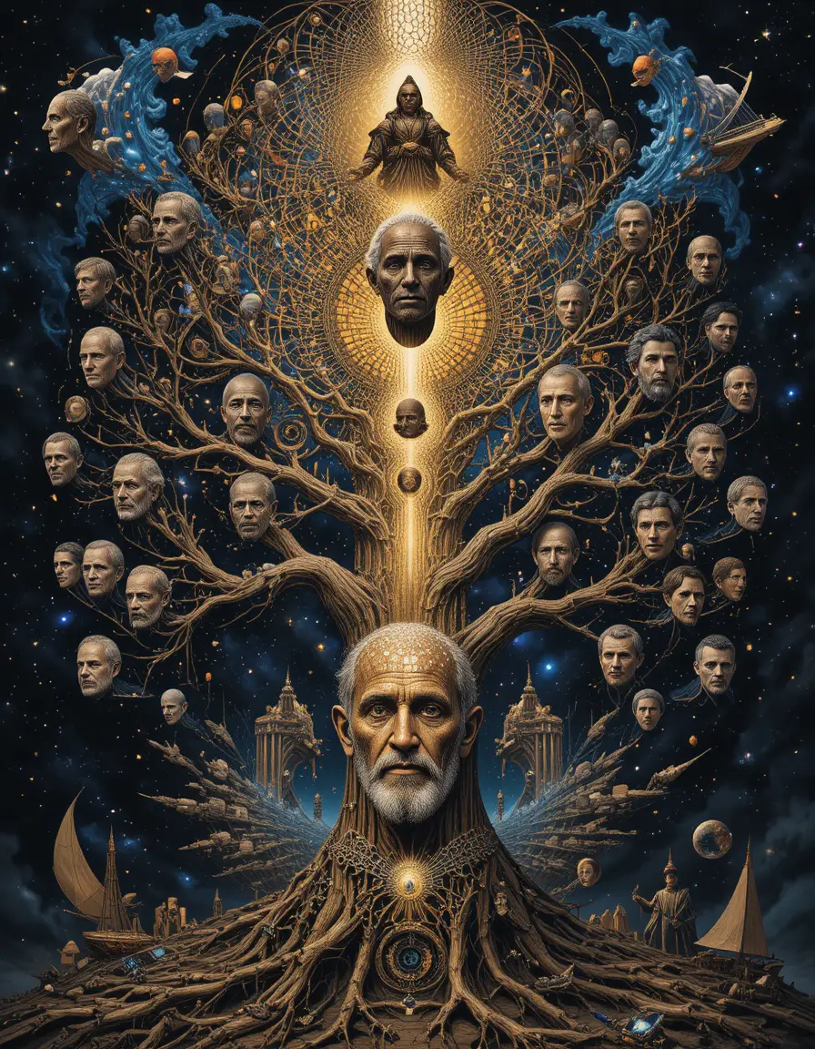 Surreal fractal tree of human history in cosmic space