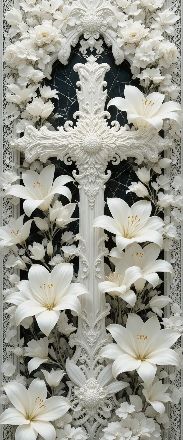 Weißes Kreuz mit Spitze und Lilien in ruhiger Blumenillustration