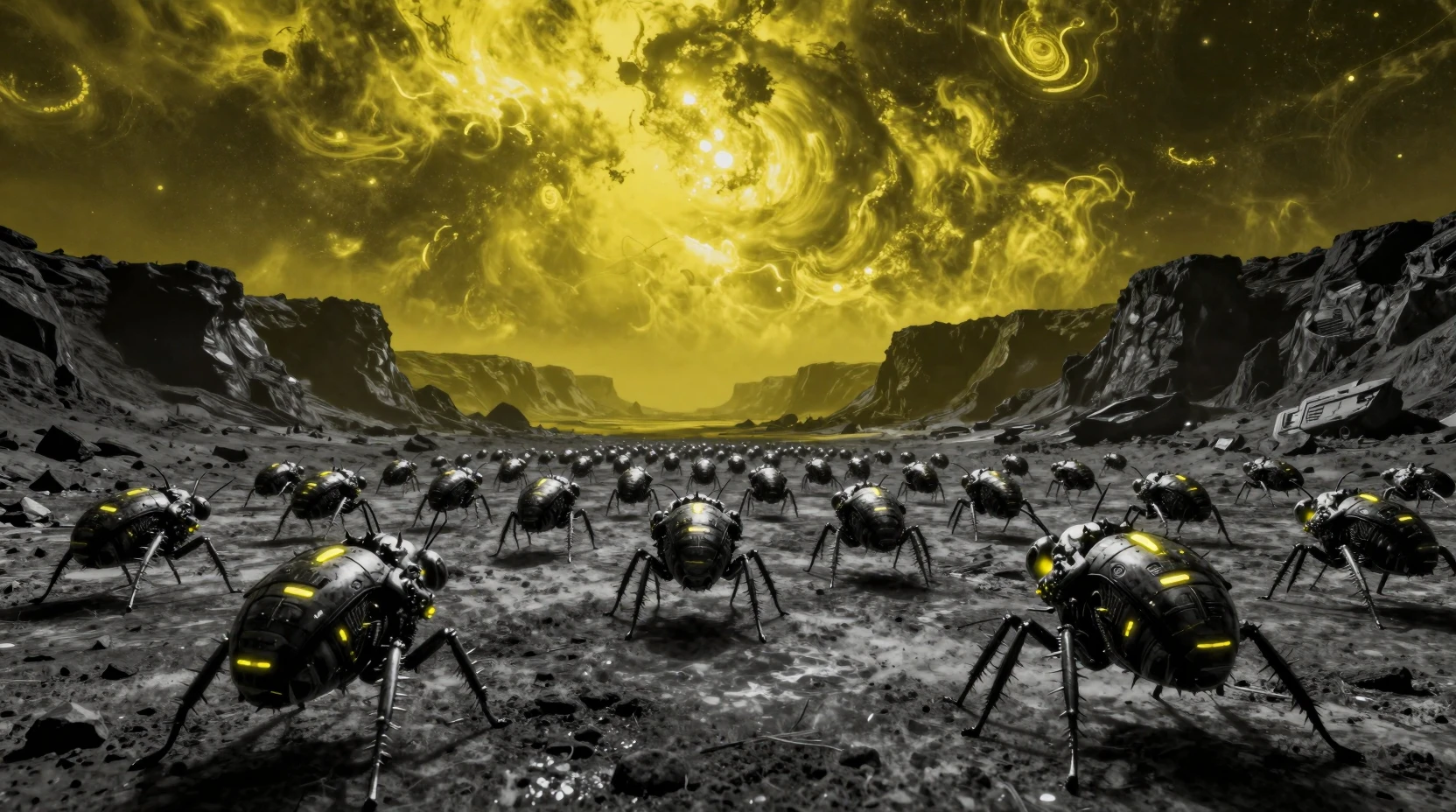 Enorme enjambre de insectos alienígenas cruzando un oscuro valle yermo