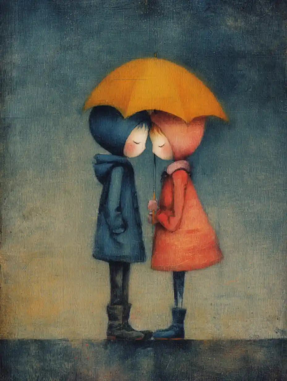 Ilustración romántica de pareja en colores suaves y melancólicos