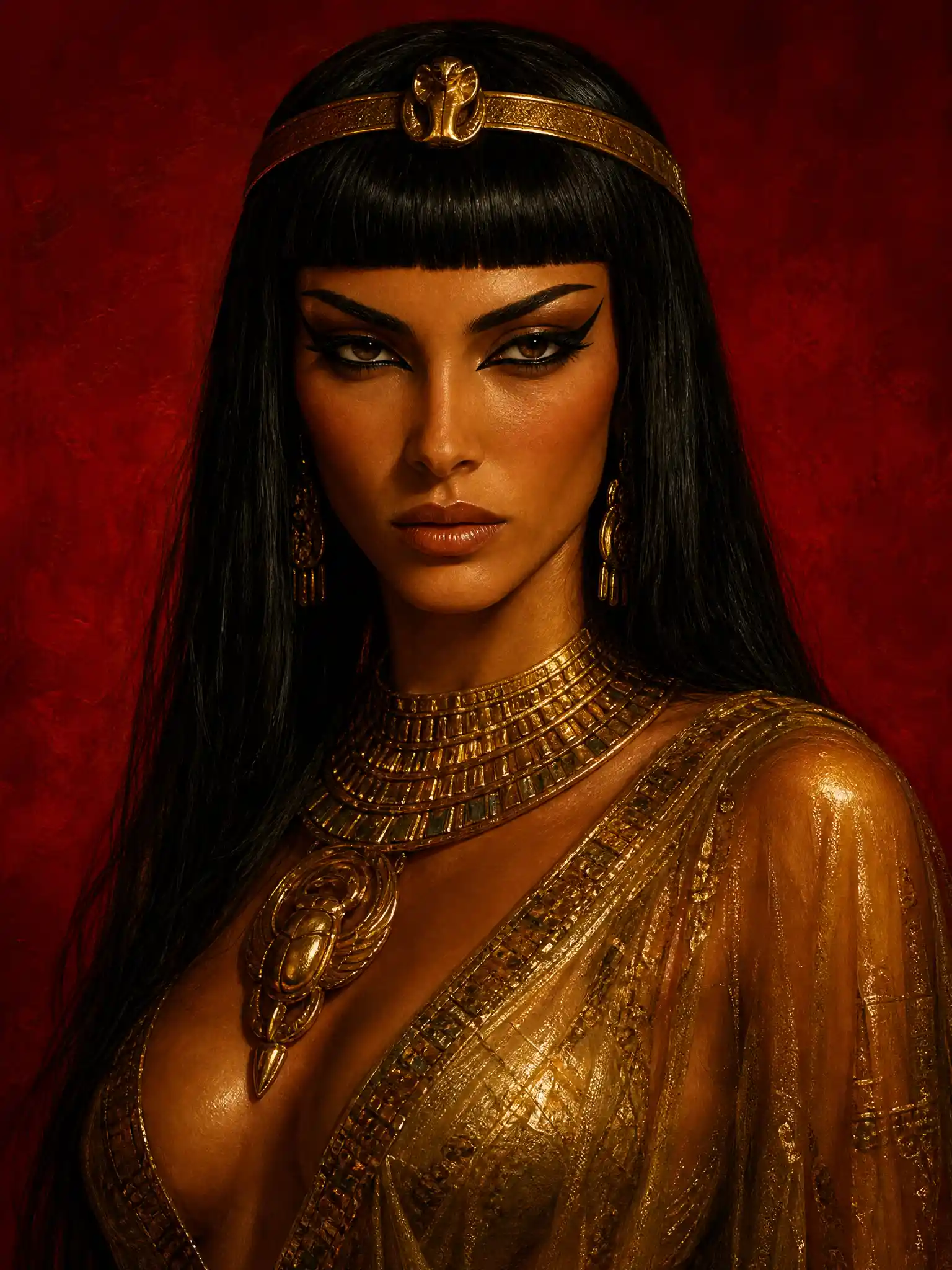 Enigmatic Egyptian queen portrait in gleaming golden attire