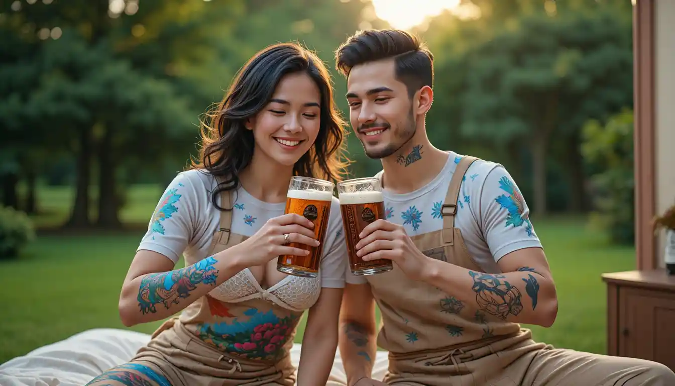 Dos hombres jóvenes brindando con cerveza en un parque soleado