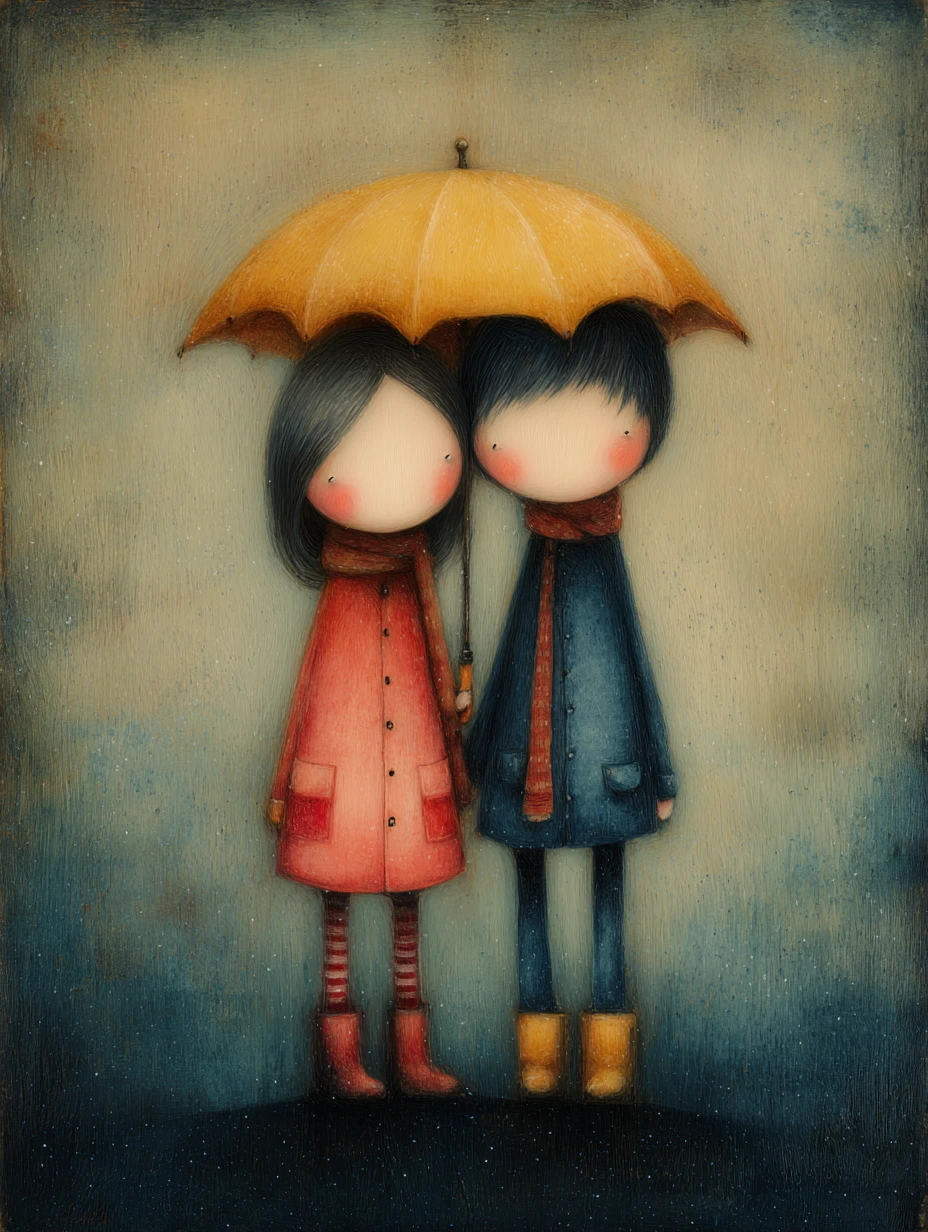 Ilustración romántica de pareja en cálidos colores granulados y atmosféricos